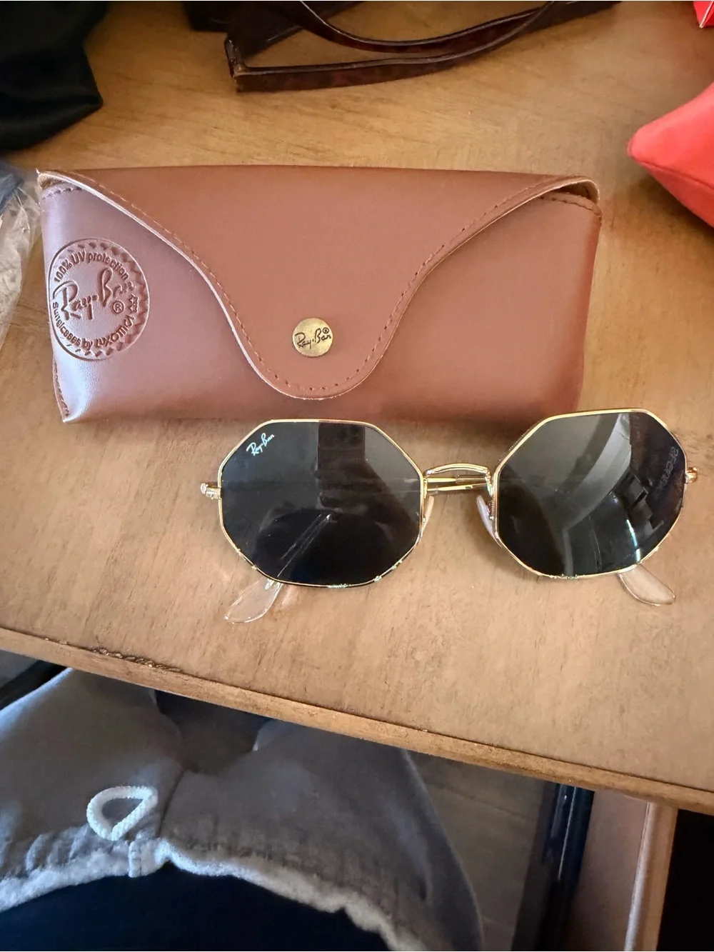Ray-Ban Women Gold Frame Black Lens Octagonal Sunglasses with Brown Case